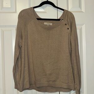 LOFT Taupe Button-Shoulder Lightweight Crewneck Sweater